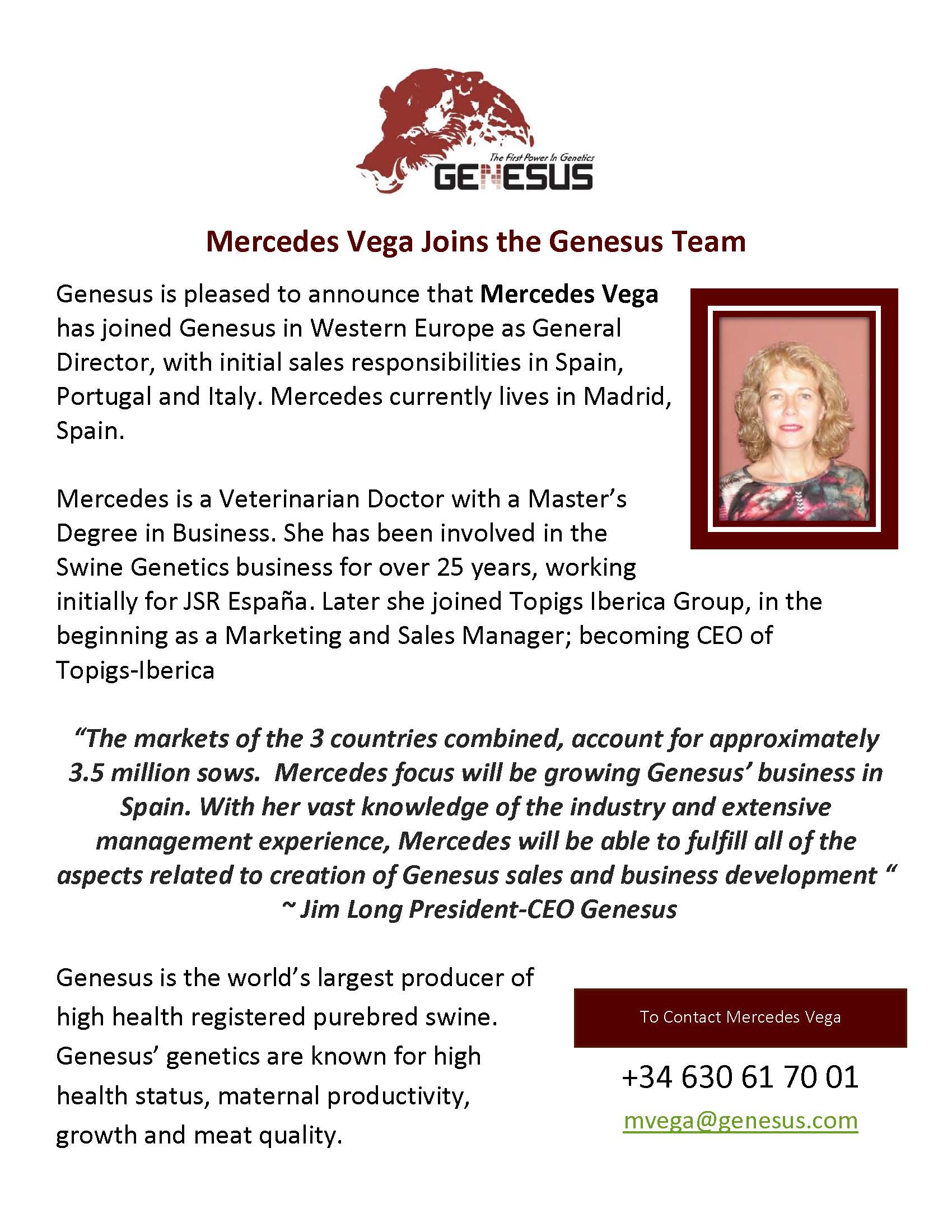 Press Release – Mercedes Vega Joins Genesus – True North Genetics