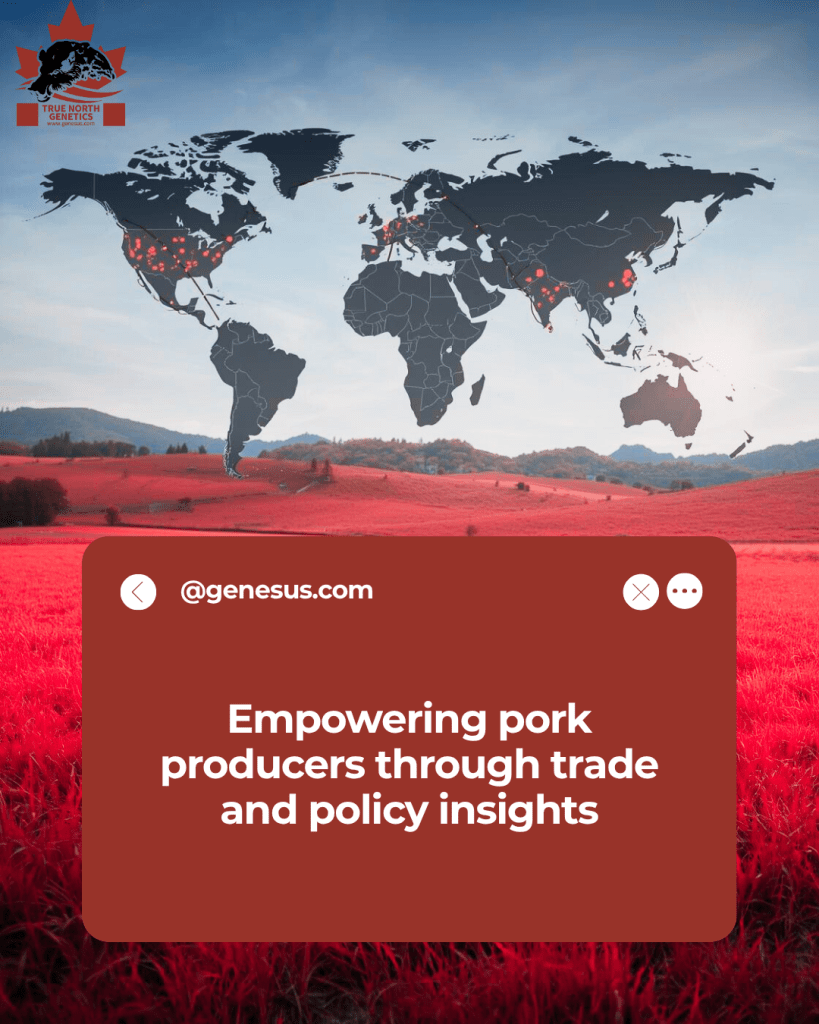 A map of the world highlighted in shades of gray, featuring red dots indicating locations relevant to pork production, with a gradient background transitioning from dark blue at the top to a red field at the bottom. Superimposed text promotes insights for pork producers.